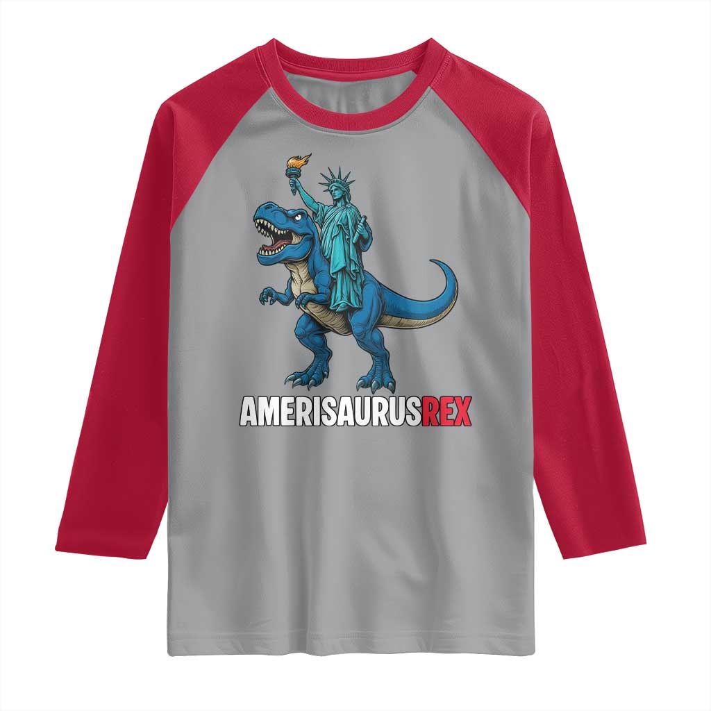 Patriotic Dinosaur Raglan Shirt Funny Amerisaurus Rex Statue Of Liberty Dino TS12 Sport Gray Red Print Your Wear