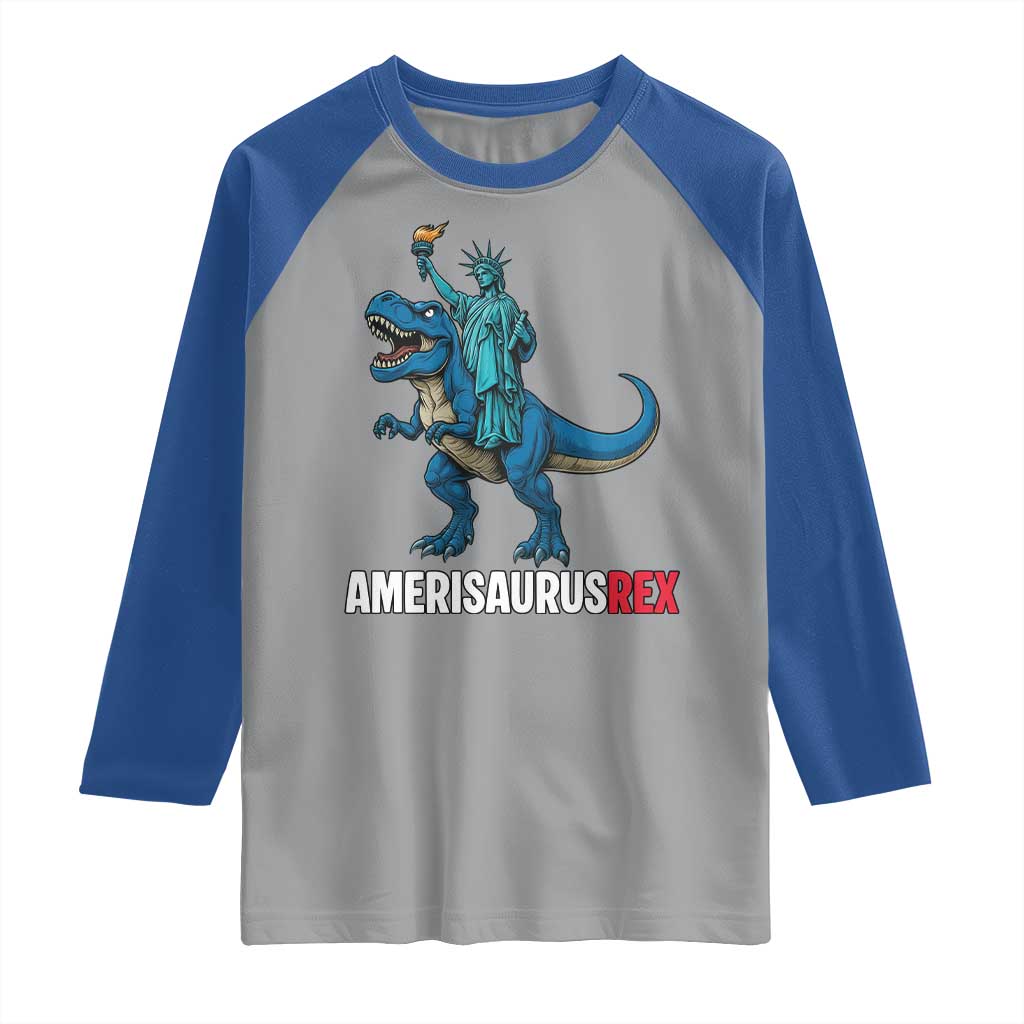 Patriotic Dinosaur Raglan Shirt Funny Amerisaurus Rex Statue Of Liberty Dino TS12 Sport Gray Royal Print Your Wear