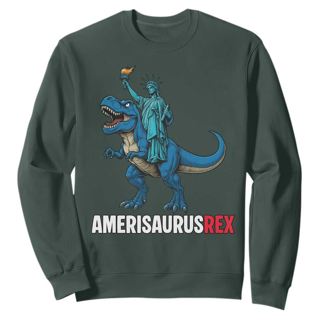 Patriotic Dinosaur Sweatshirt Funny Amerisaurus Rex Statue Of Liberty Dino TS12 Dark Forest Green Print Your Wear