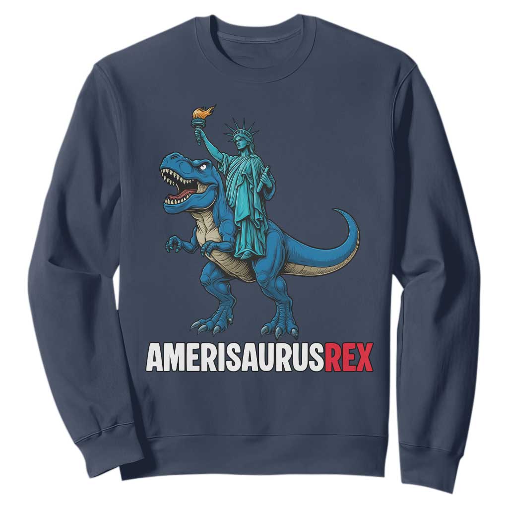 Patriotic Dinosaur Sweatshirt Funny Amerisaurus Rex Statue Of Liberty Dino TS12 Navy Print Your Wear