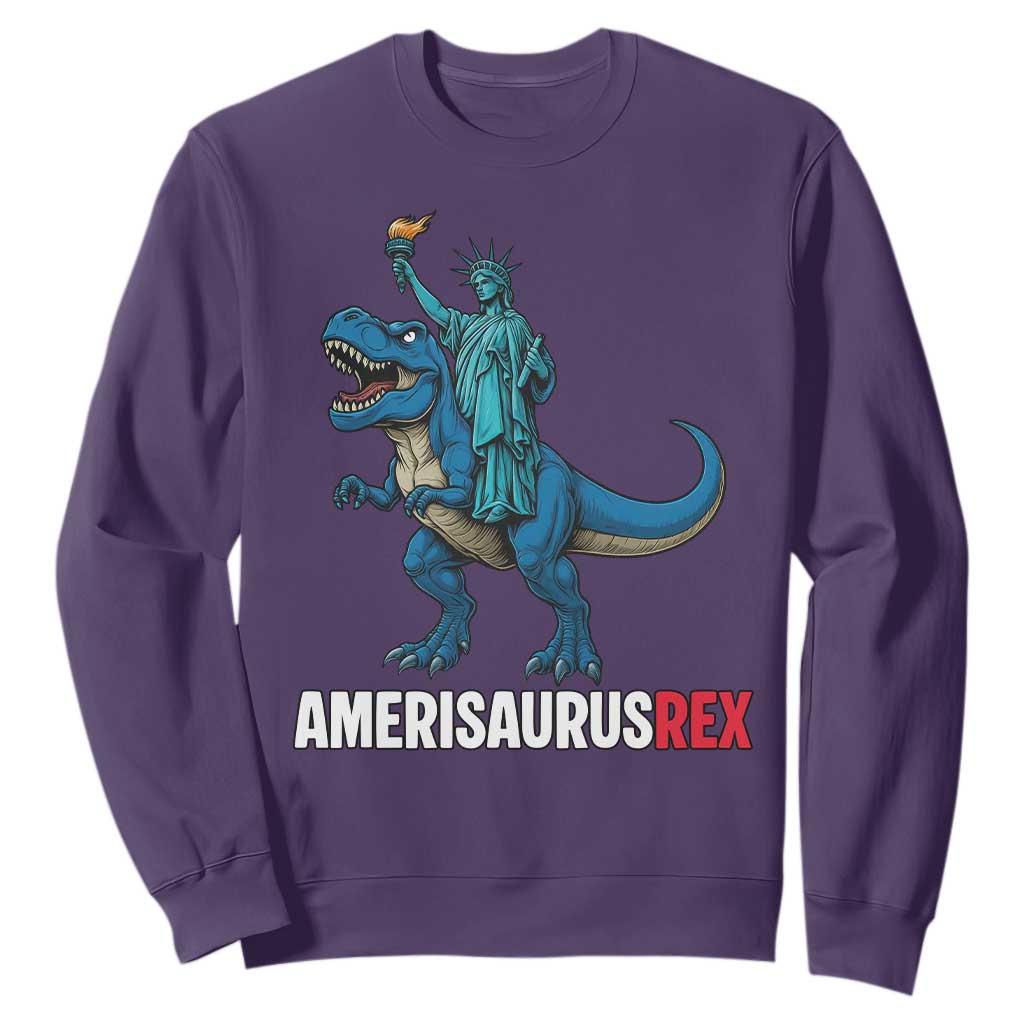 Patriotic Dinosaur Sweatshirt Funny Amerisaurus Rex Statue Of Liberty Dino TS12 Purple Print Your Wear