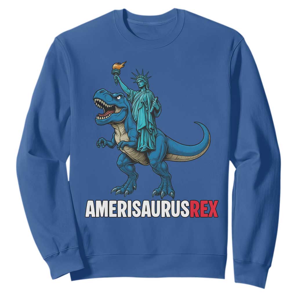 Patriotic Dinosaur Sweatshirt Funny Amerisaurus Rex Statue Of Liberty Dino TS12 Royal Blue Print Your Wear
