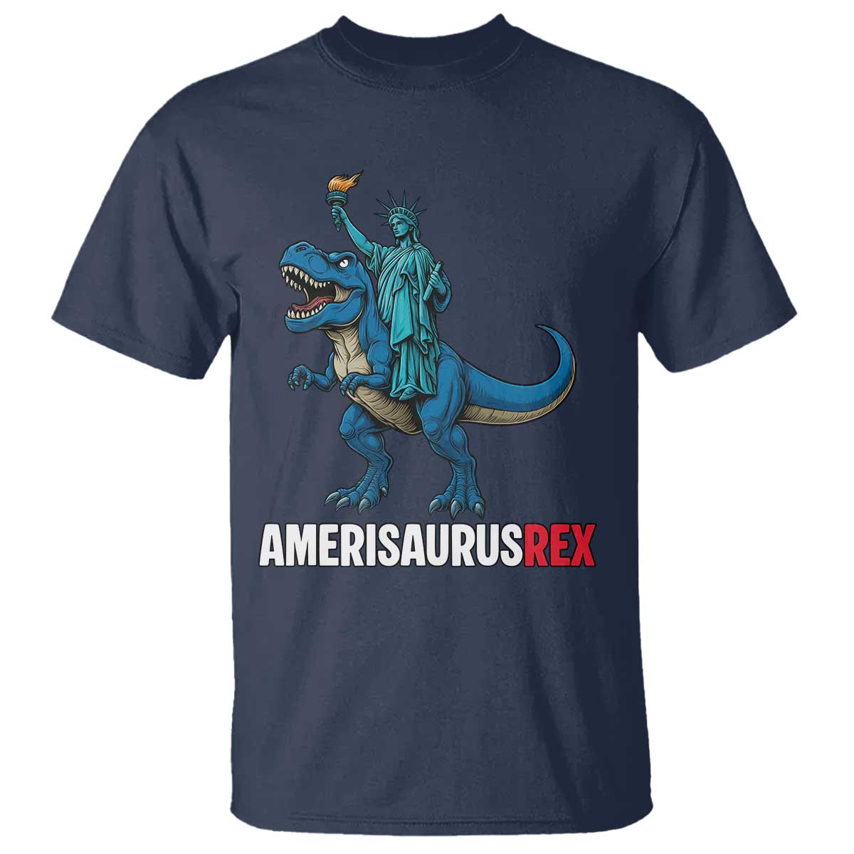 Patriotic Dinosaur T Shirt Funny Amerisaurus Rex Statue Of Liberty Dino TS12 Navy Print Your Wear