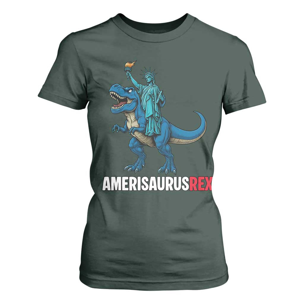 Patriotic Dinosaur T Shirt For Women Funny Amerisaurus Rex Statue Of Liberty Dino TS12 Dark Forest Green Print Your Wear