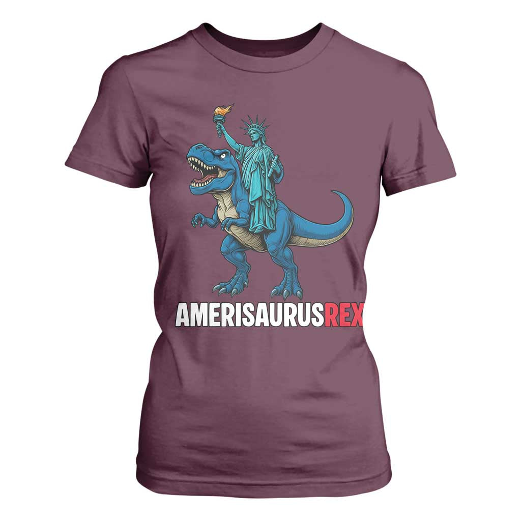 Patriotic Dinosaur T Shirt For Women Funny Amerisaurus Rex Statue Of Liberty Dino TS12 Maroon Print Your Wear