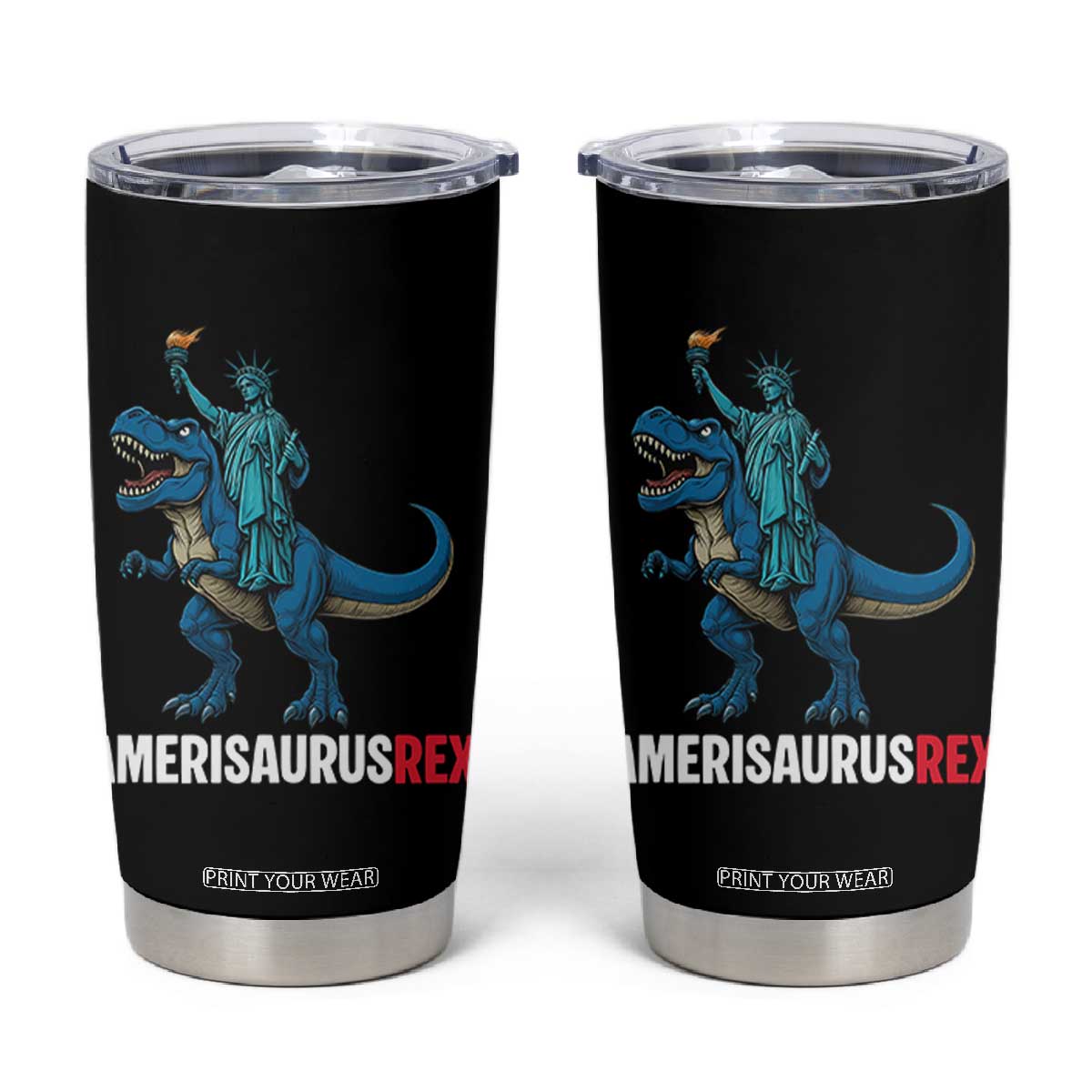 Patriotic Dinosaur Tumbler Cup Funny Amerisaurus Rex Statue Of Liberty Dino TS12 Black Print Your Wear