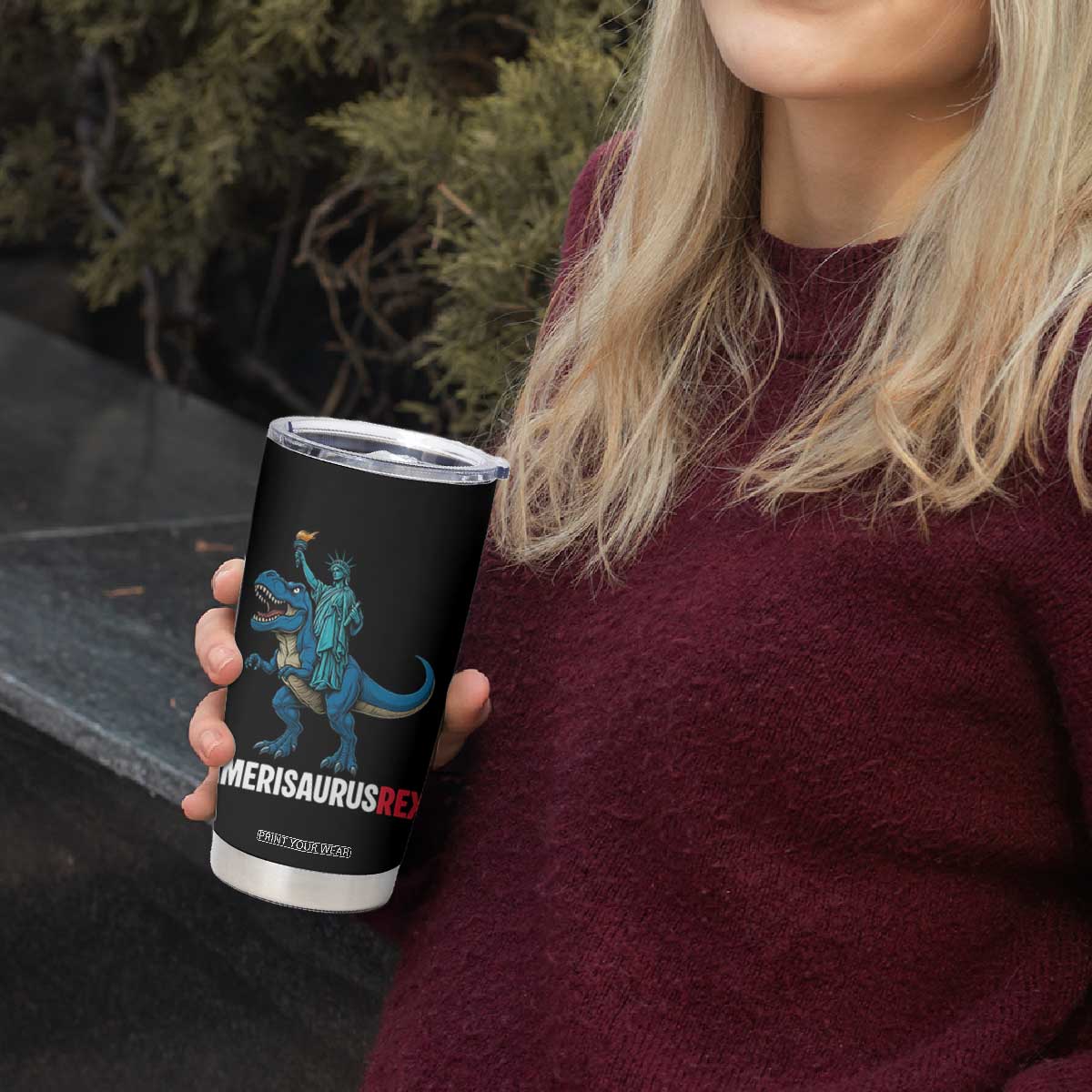 Patriotic Dinosaur Tumbler Cup Funny Amerisaurus Rex Statue Of Liberty Dino TS12 Print Your Wear