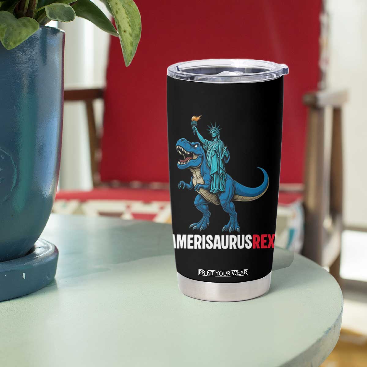Patriotic Dinosaur Tumbler Cup Funny Amerisaurus Rex Statue Of Liberty Dino TS12 Print Your Wear
