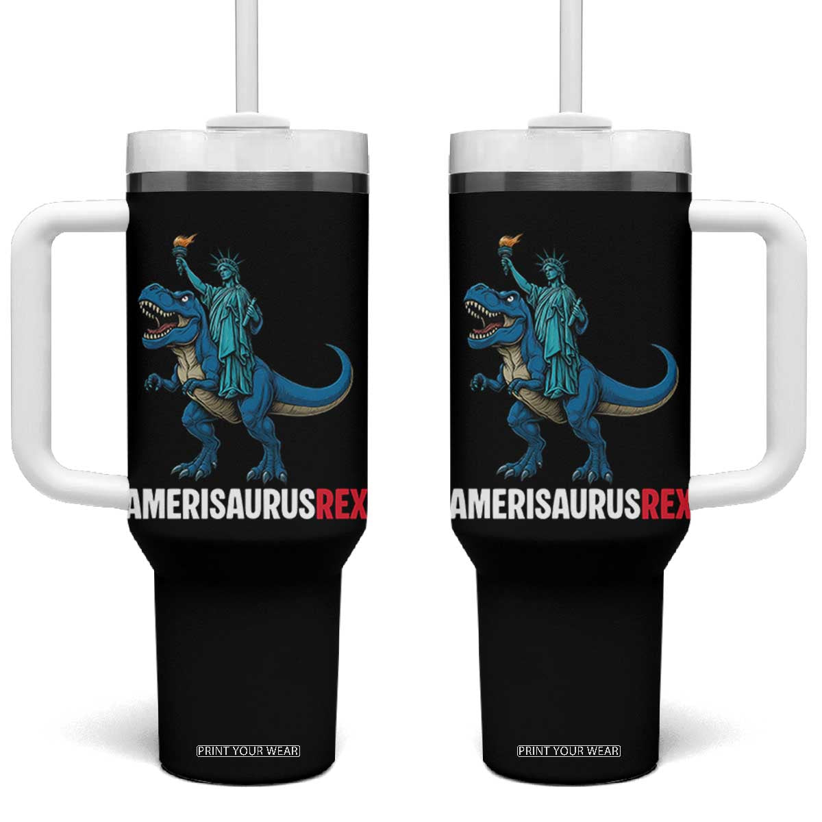 Patriotic Dinosaur Tumbler With Handle Funny Amerisaurus Rex Statue Of Liberty Dino TS12 One Size: 40 oz Black Print Your Wear