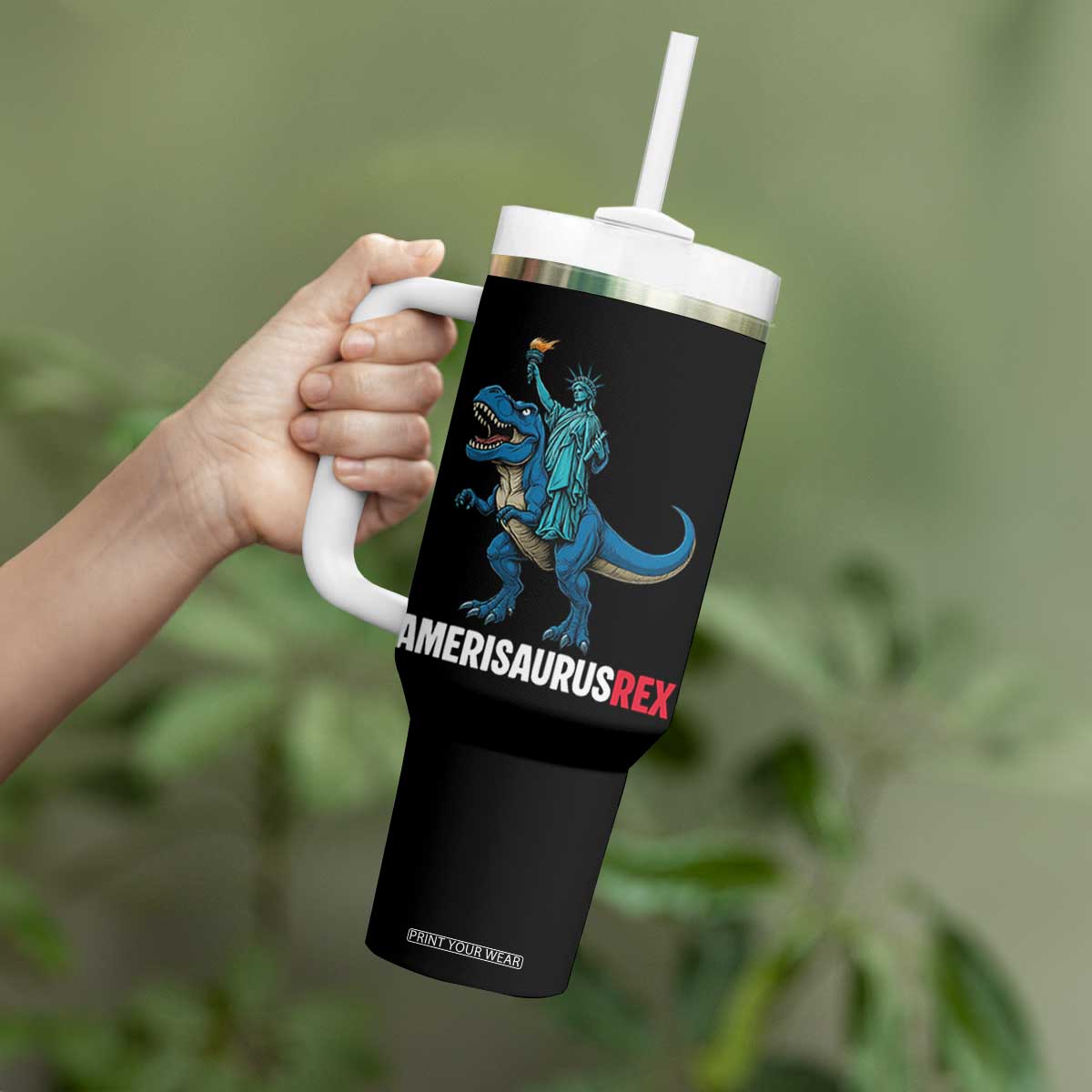 Patriotic Dinosaur Tumbler With Handle Funny Amerisaurus Rex Statue Of Liberty Dino TS12 Print Your Wear