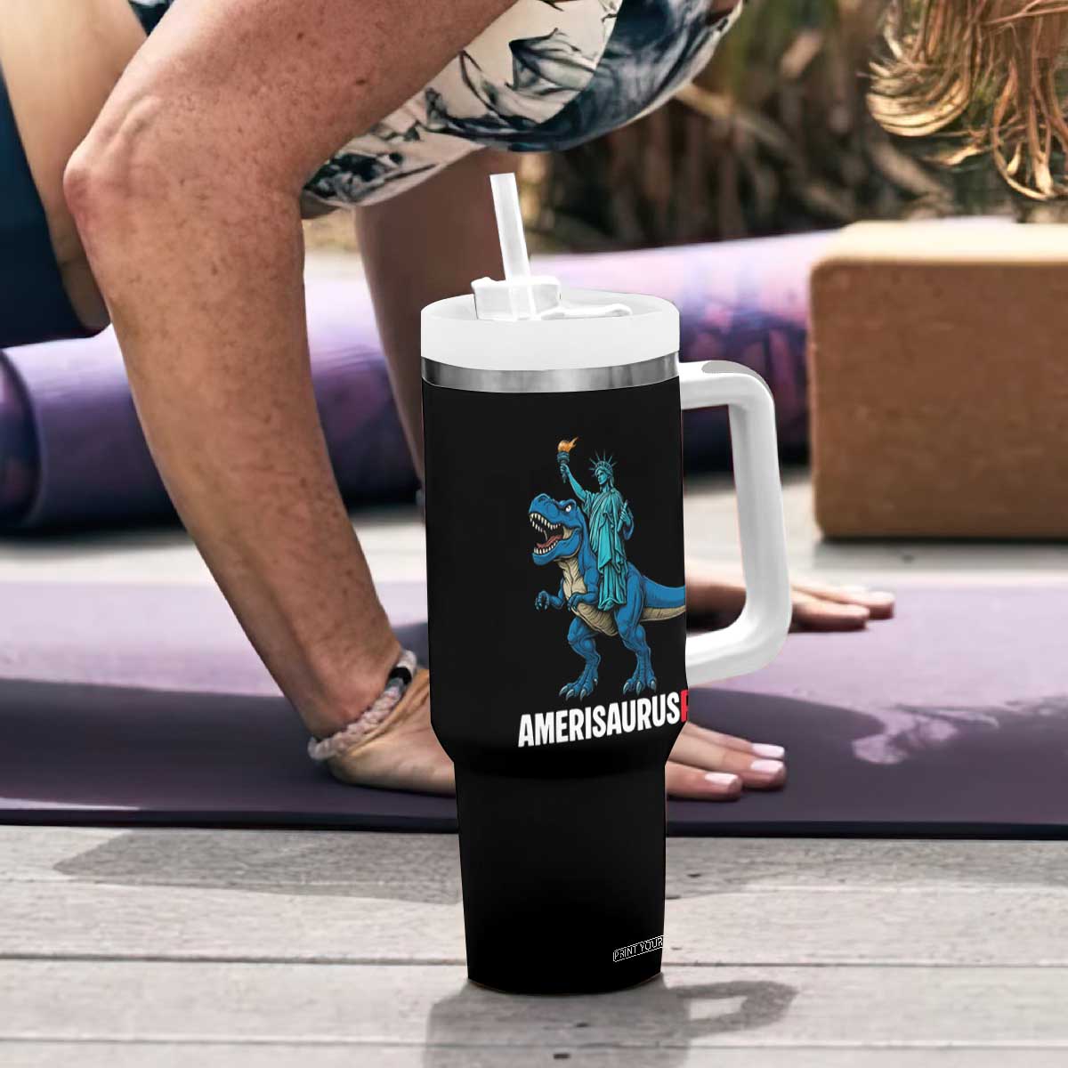 Patriotic Dinosaur Tumbler With Handle Funny Amerisaurus Rex Statue Of Liberty Dino TS12 Print Your Wear