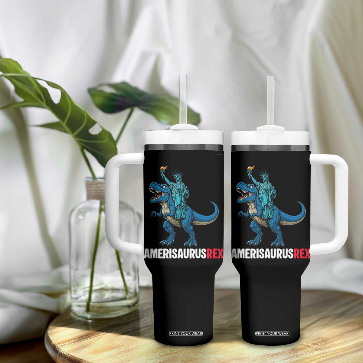 Patriotic Dinosaur Tumbler With Handle Funny Amerisaurus Rex Statue Of Liberty Dino TS12 Print Your Wear