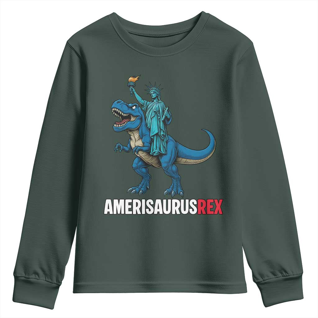 Patriotic Dinosaur Youth Sweatshirt Funny Amerisaurus Rex Statue Of Liberty Dino TS12 Dark Forest Green Print Your Wear