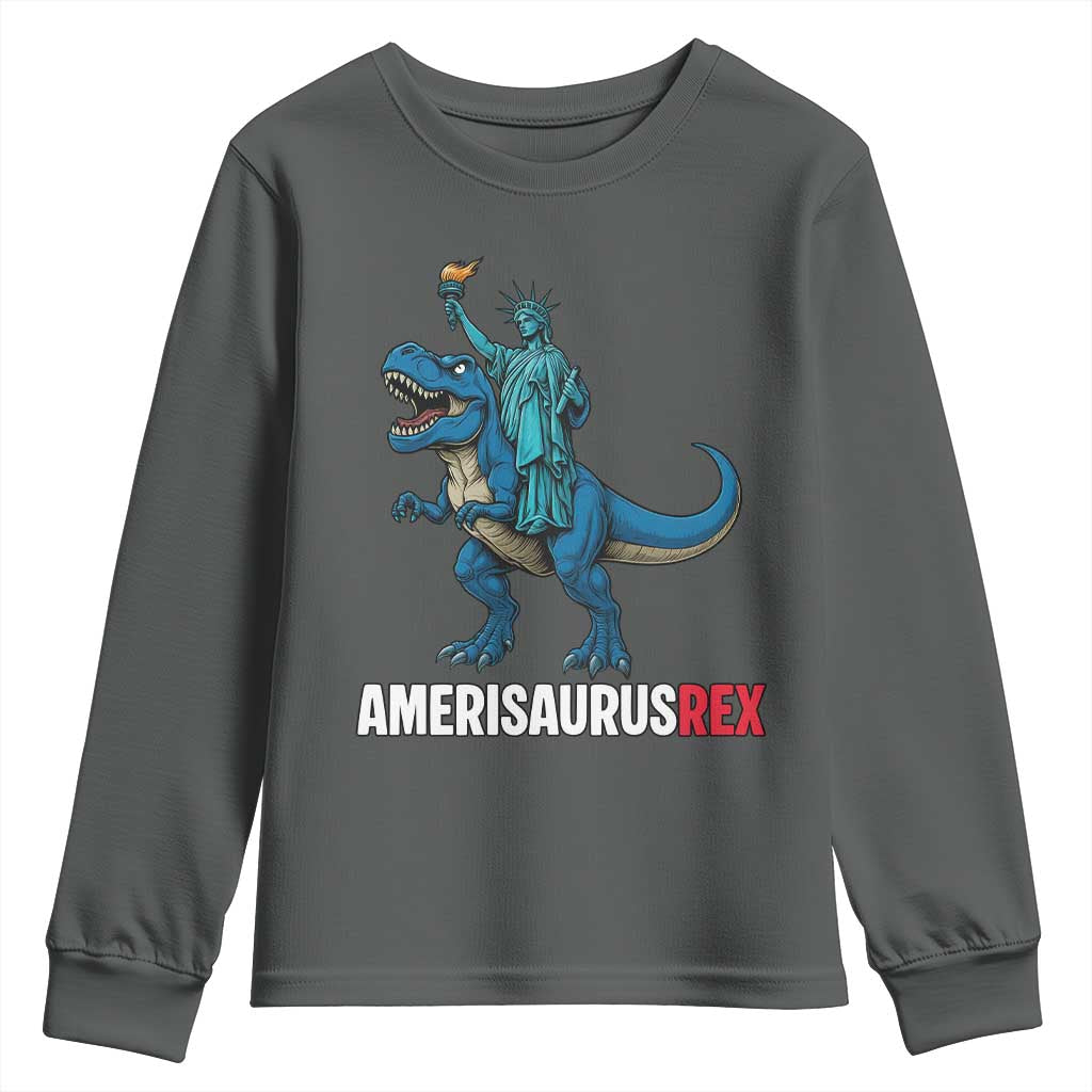 Patriotic Dinosaur Youth Sweatshirt Funny Amerisaurus Rex Statue Of Liberty Dino TS12 Dark Heather Print Your Wear
