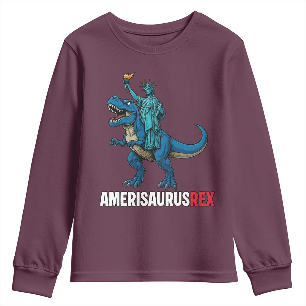 Patriotic Dinosaur Youth Sweatshirt Funny Amerisaurus Rex Statue Of Liberty Dino TS12 Maroon Print Your Wear