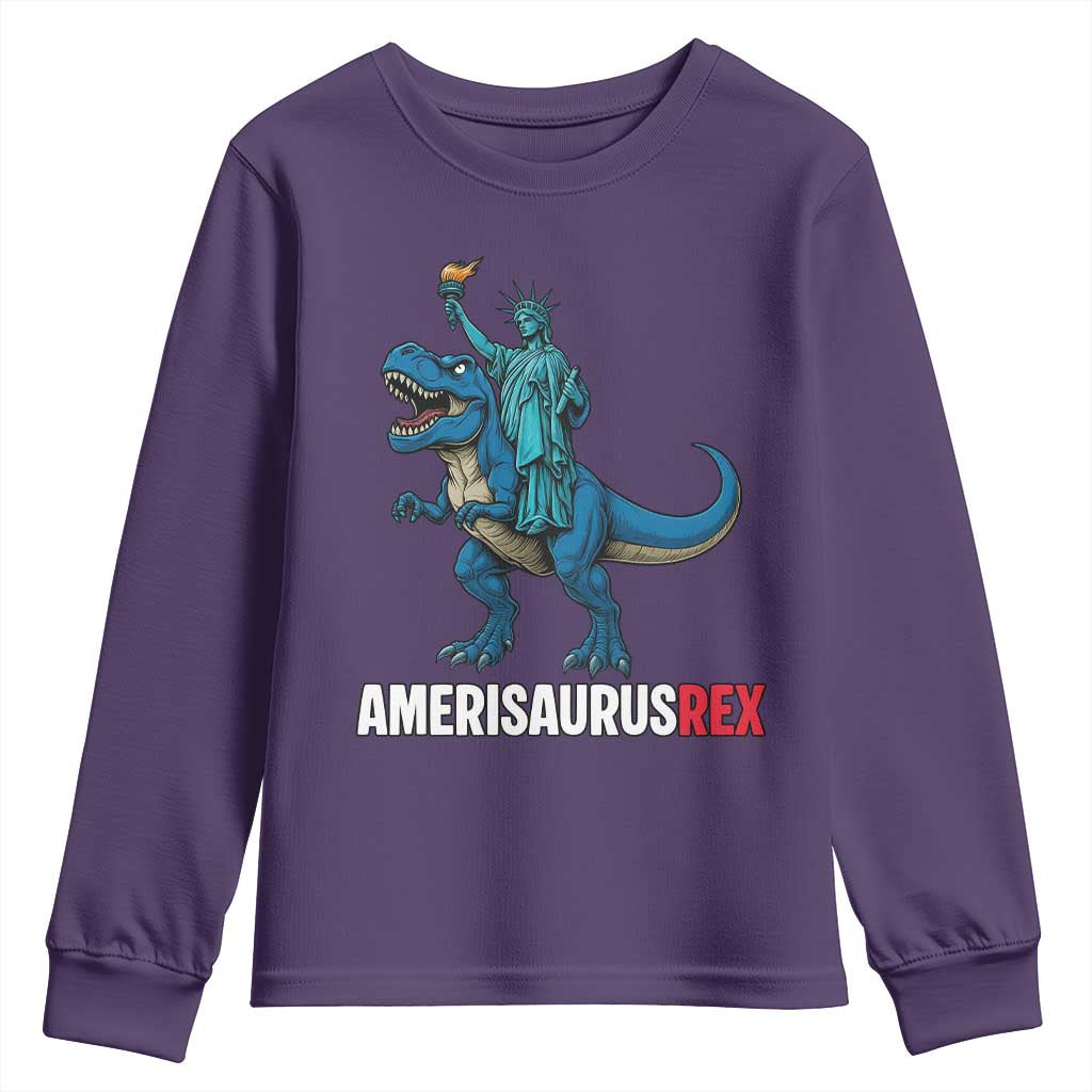 Patriotic Dinosaur Youth Sweatshirt Funny Amerisaurus Rex Statue Of Liberty Dino TS12 Purple Print Your Wear
