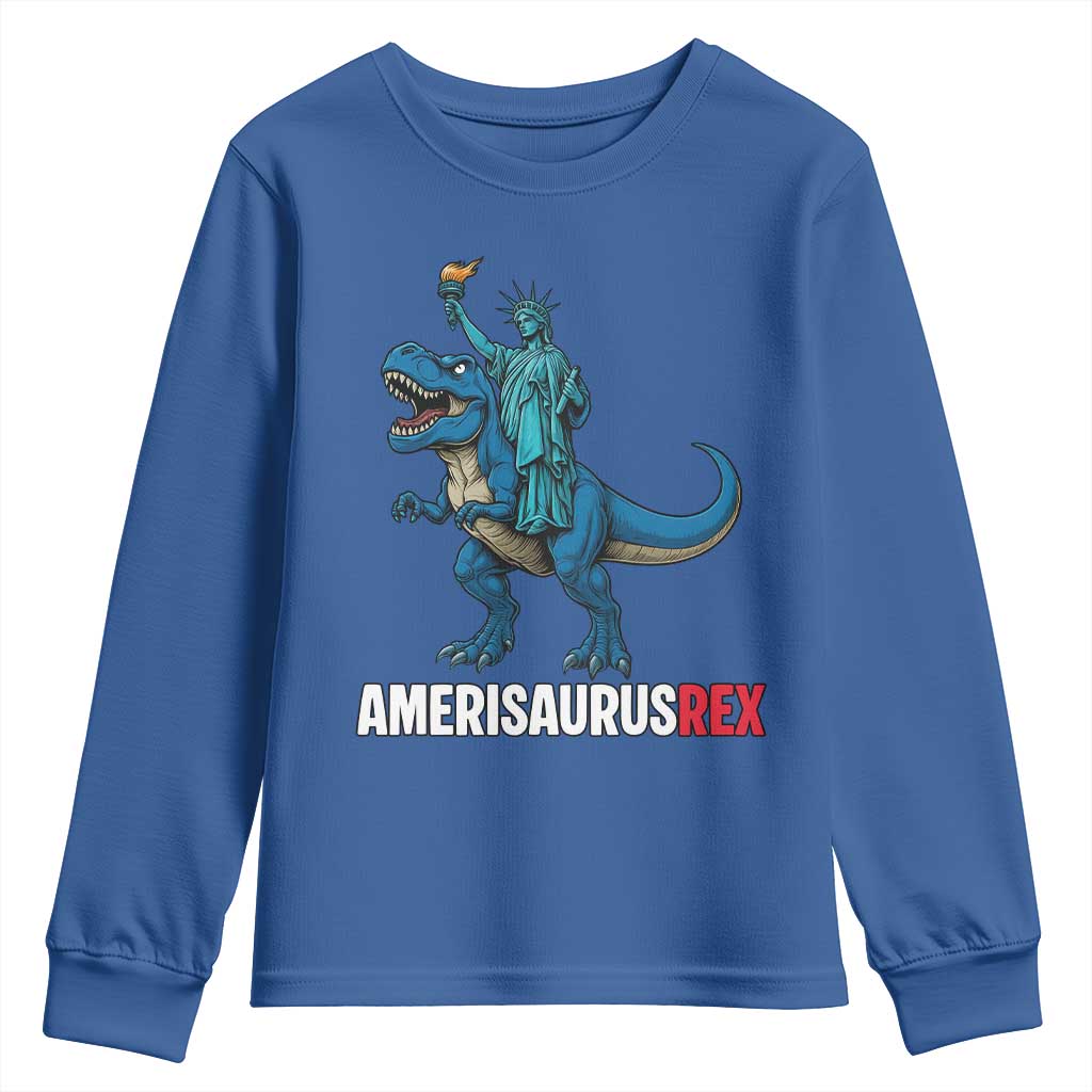 Patriotic Dinosaur Youth Sweatshirt Funny Amerisaurus Rex Statue Of Liberty Dino TS12 Royal Blue Print Your Wear