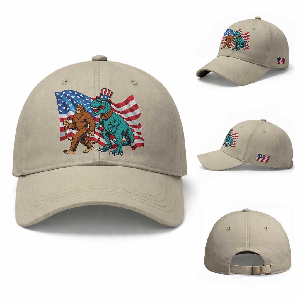 Funny Patriotic Baseball Cap Bigfoot Walking Dinosaur With USA Flag TS12 Baseball Cap Universal Fit Beige Print Your Wear