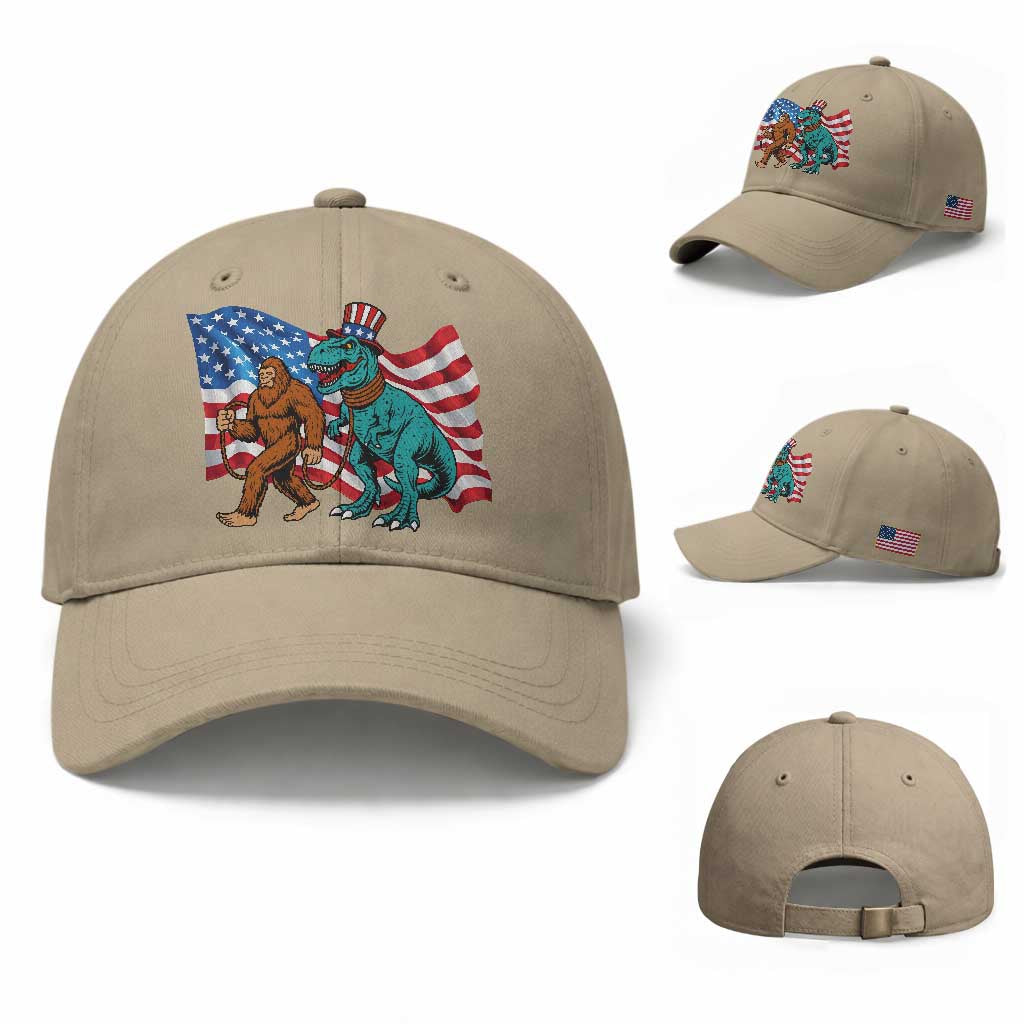 Funny Patriotic Baseball Cap Bigfoot Walking Dinosaur With USA Flag TS12 Baseball Cap Universal Fit Khaki Print Your Wear