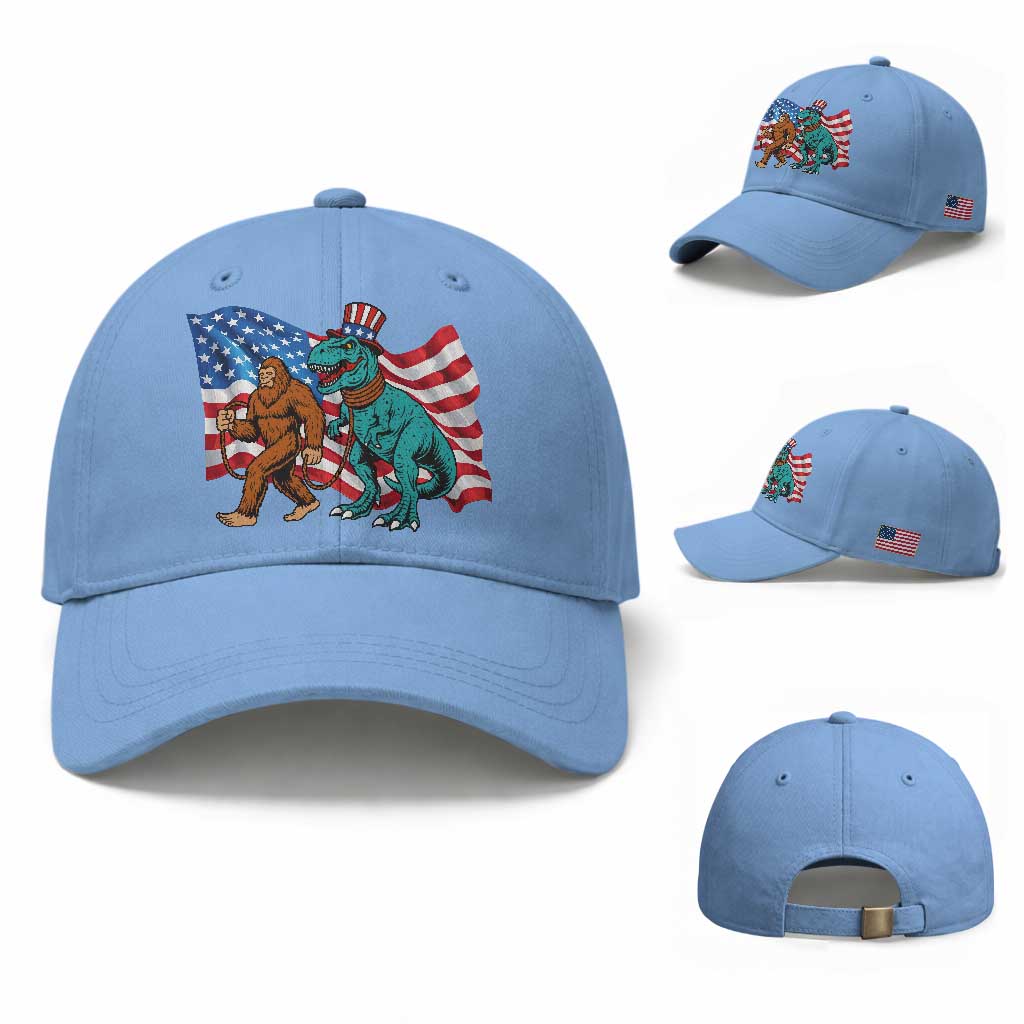 Funny Patriotic Baseball Cap Bigfoot Walking Dinosaur With USA Flag TS12 Baseball Cap Universal Fit Light Blue Print Your Wear