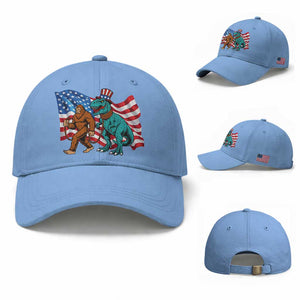 Funny Patriotic Baseball Cap Bigfoot Walking Dinosaur With USA Flag TS12 Baseball Cap Universal Fit Light Blue Print Your Wear
