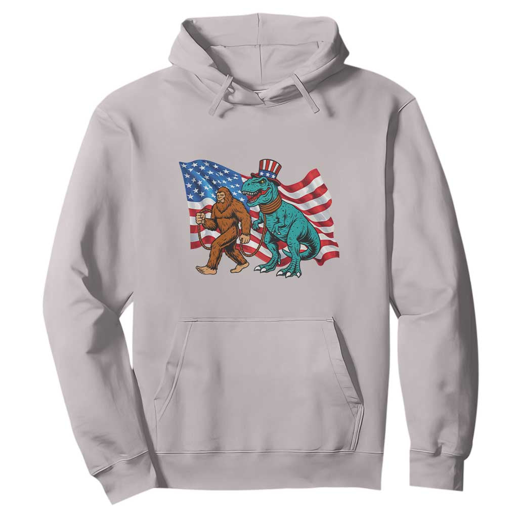 Funny Patriotic Hoodie Bigfoot Walking Dinosaur With USA Flag TS12 Ice Gray Print Your Wear