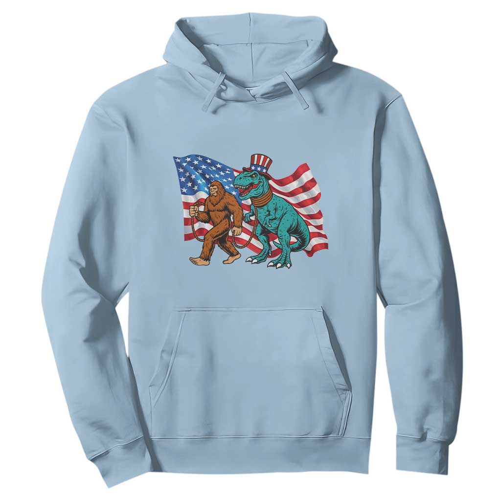 Funny Patriotic Hoodie Bigfoot Walking Dinosaur With USA Flag TS12 Light Blue Print Your Wear