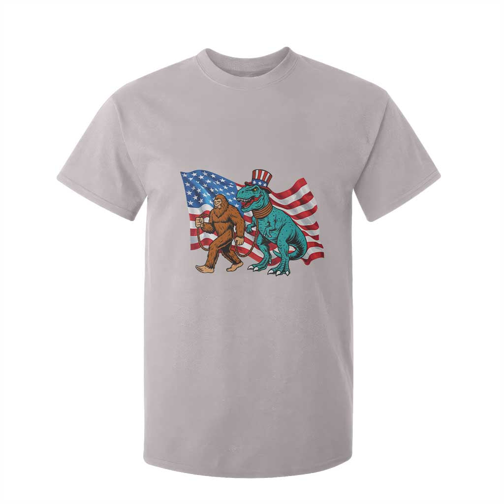Funny Patriotic T Shirt For Kid Bigfoot Walking Dinosaur With USA Flag TS12 Ice Gray Print Your Wear