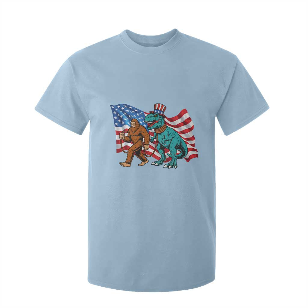 Funny Patriotic T Shirt For Kid Bigfoot Walking Dinosaur With USA Flag TS12 Light Blue Print Your Wear
