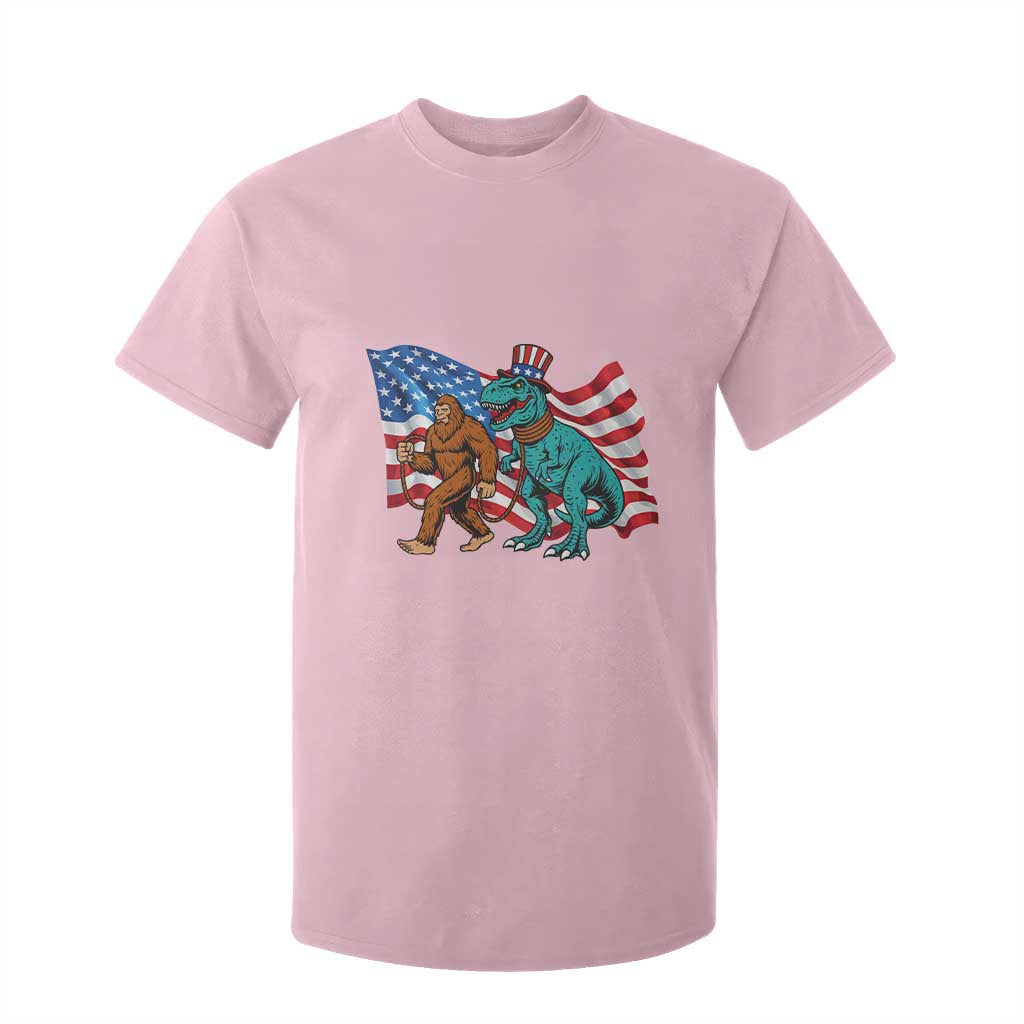 Funny Patriotic T Shirt For Kid Bigfoot Walking Dinosaur With USA Flag TS12 Light Pink Print Your Wear