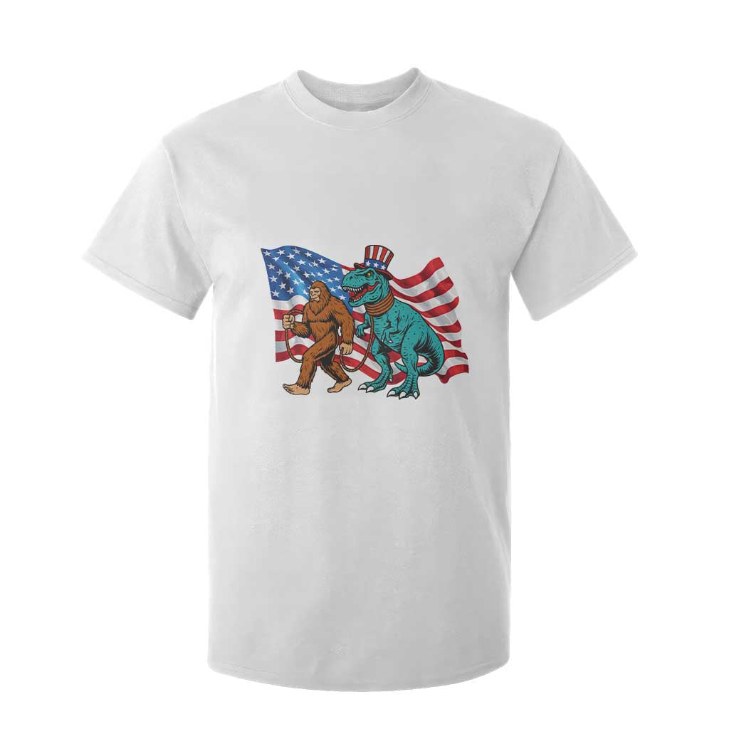 Funny Patriotic T Shirt For Kid Bigfoot Walking Dinosaur With USA Flag TS12 White Print Your Wear