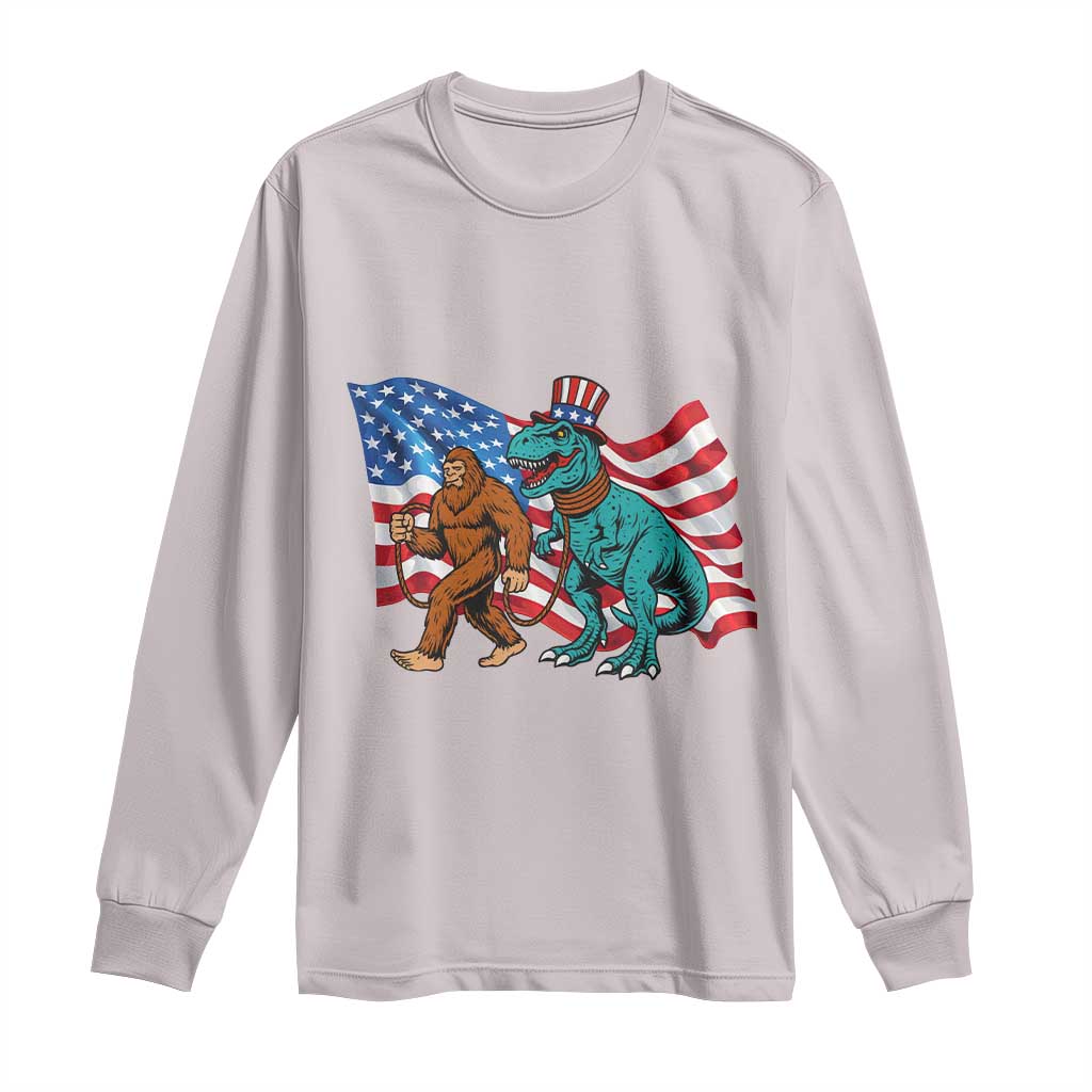 Funny Patriotic Long Sleeve Shirt Bigfoot Walking Dinosaur With USA Flag TS12 Ice Gray Print Your Wear