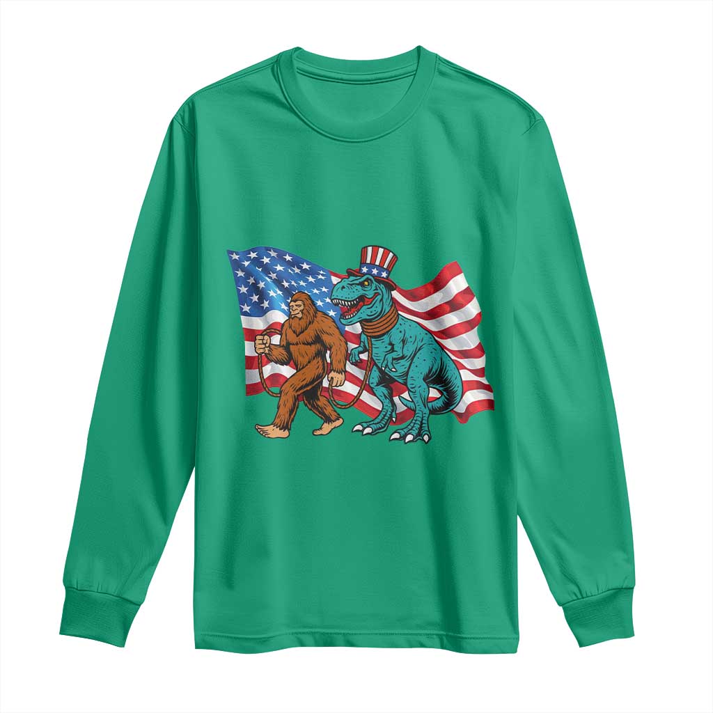 Funny Patriotic Long Sleeve Shirt Bigfoot Walking Dinosaur With USA Flag TS12 Irish Green Print Your Wear