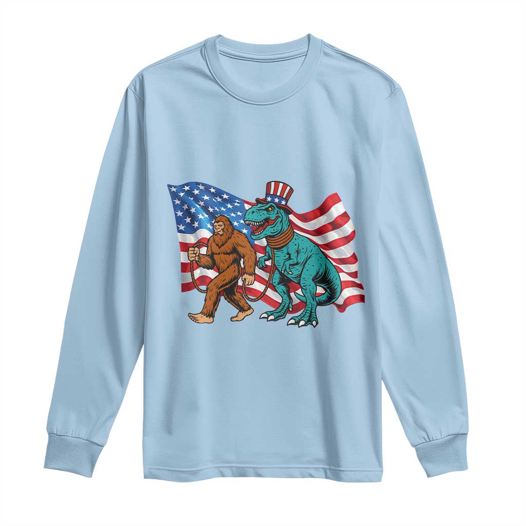 Funny Patriotic Long Sleeve Shirt Bigfoot Walking Dinosaur With USA Flag TS12 Light Blue Print Your Wear
