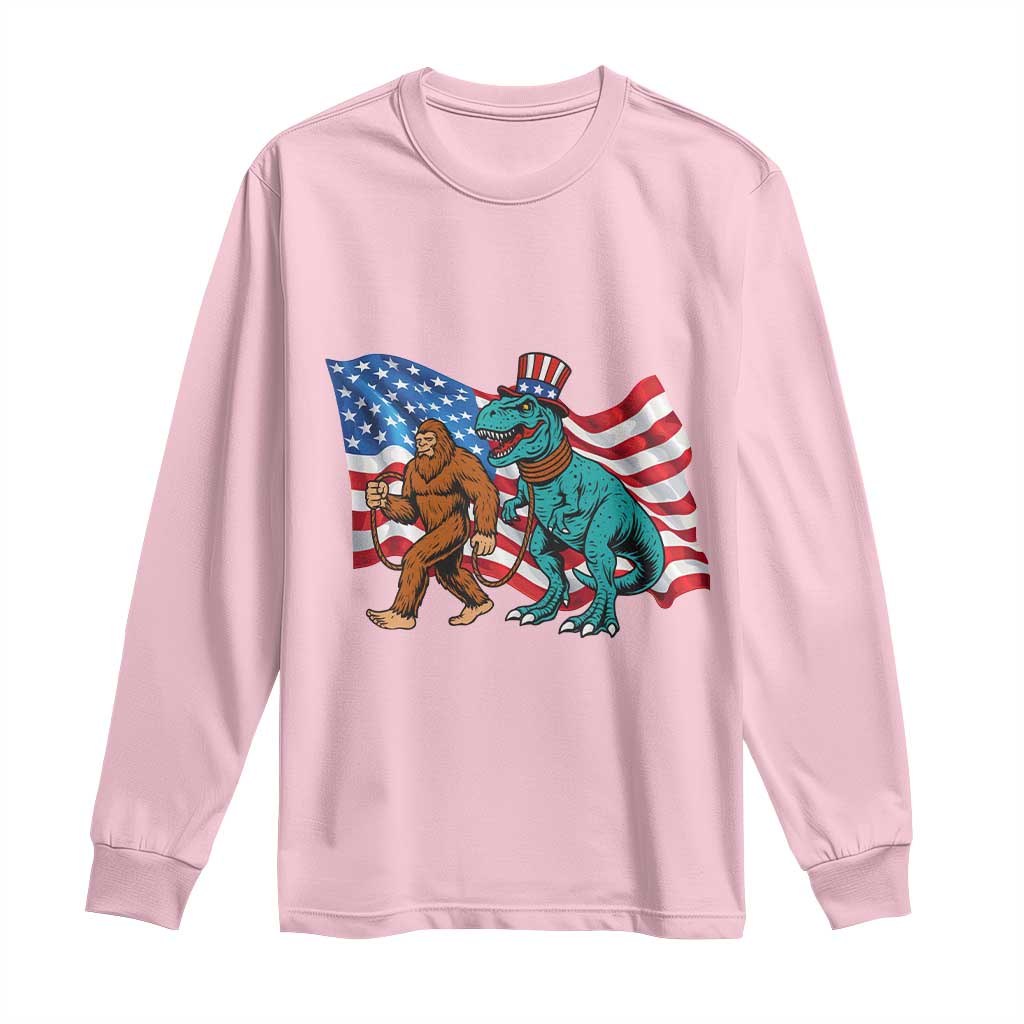 Funny Patriotic Long Sleeve Shirt Bigfoot Walking Dinosaur With USA Flag TS12 Light Pink Print Your Wear