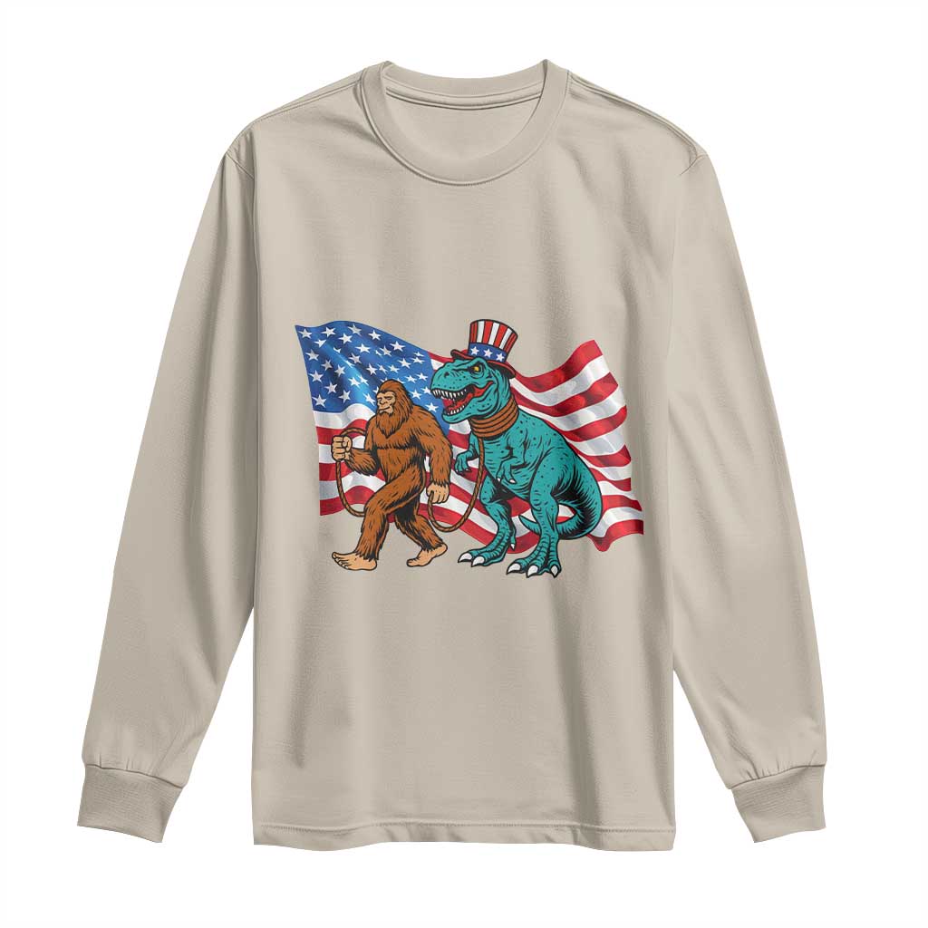 Funny Patriotic Long Sleeve Shirt Bigfoot Walking Dinosaur With USA Flag TS12 Sand Print Your Wear