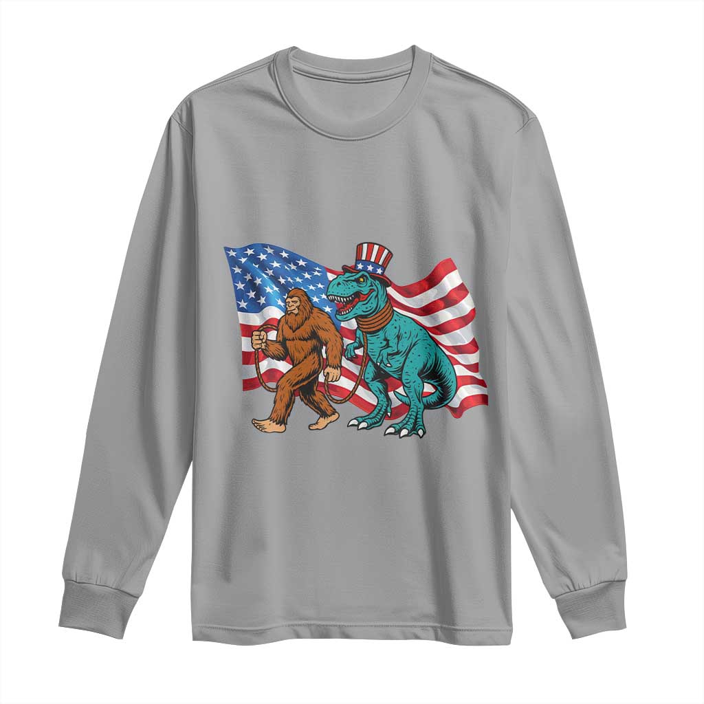 Funny Patriotic Long Sleeve Shirt Bigfoot Walking Dinosaur With USA Flag TS12 Sport Gray Print Your Wear