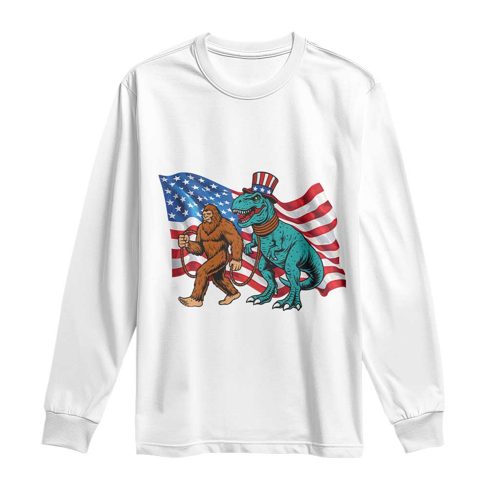 Funny Patriotic Long Sleeve Shirt Bigfoot Walking Dinosaur With USA Flag TS12 White Print Your Wear