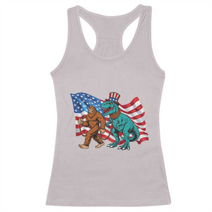 Funny Patriotic Racerback Tank Top Bigfoot Walking Dinosaur With USA Flag TS12 Ice Gray Print Your Wear