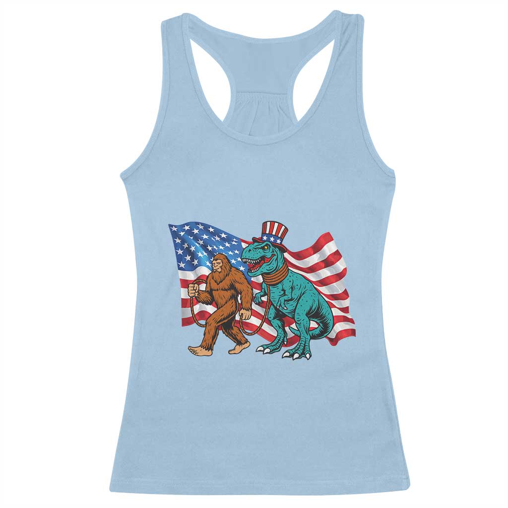 Funny Patriotic Racerback Tank Top Bigfoot Walking Dinosaur With USA Flag TS12 Light Blue Print Your Wear