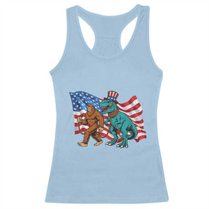 Funny Patriotic Racerback Tank Top Bigfoot Walking Dinosaur With USA Flag TS12 Light Blue Print Your Wear