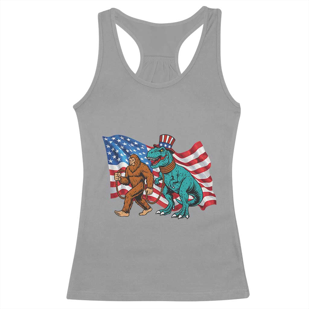 Funny Patriotic Racerback Tank Top Bigfoot Walking Dinosaur With USA Flag TS12 Sport Gray Print Your Wear