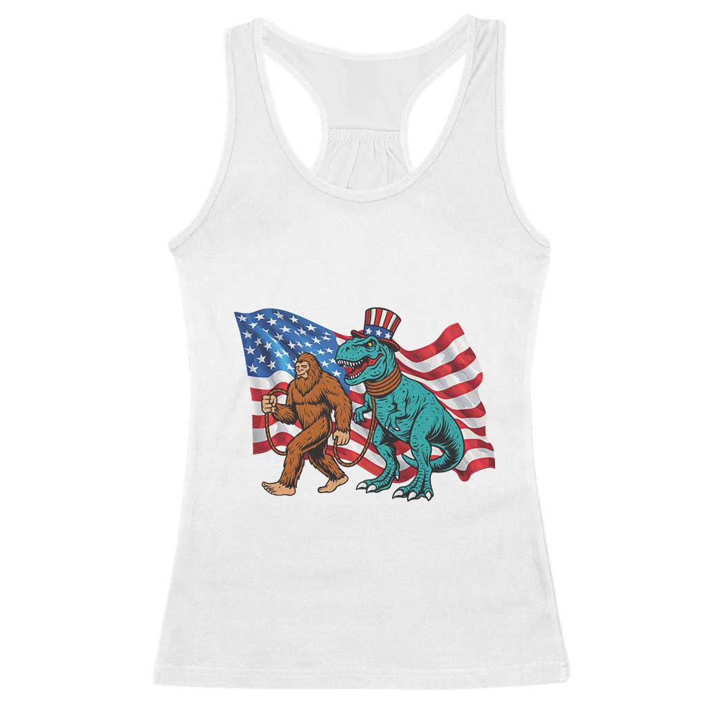 Funny Patriotic Racerback Tank Top Bigfoot Walking Dinosaur With USA Flag TS12 White Print Your Wear