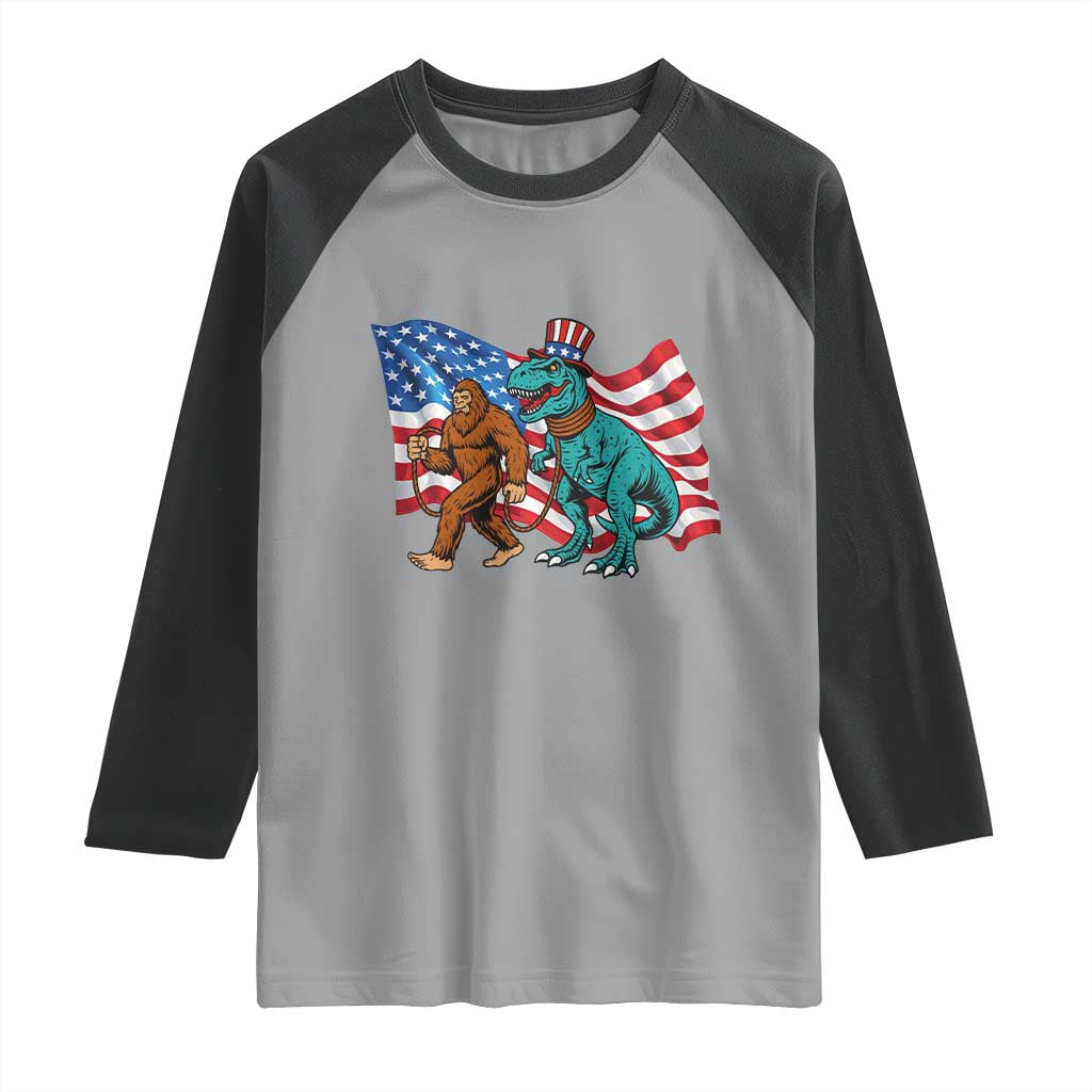 Funny Patriotic Raglan Shirt Bigfoot Walking Dinosaur With USA Flag TS12 Sport Gray Black Print Your Wear