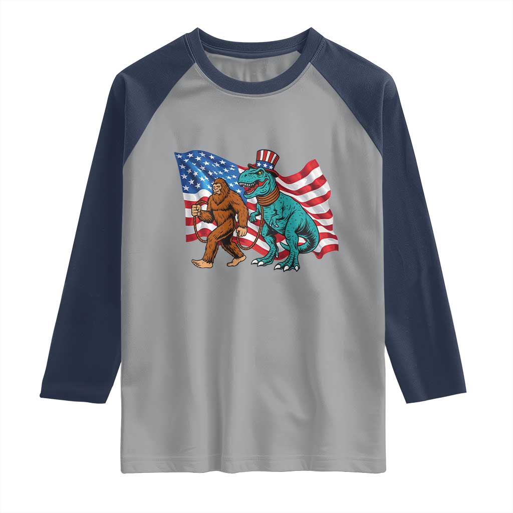 Funny Patriotic Raglan Shirt Bigfoot Walking Dinosaur With USA Flag TS12 Sport Gray Navy Print Your Wear