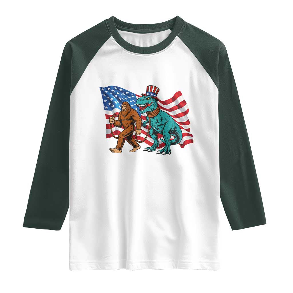 Funny Patriotic Raglan Shirt Bigfoot Walking Dinosaur With USA Flag TS12 White Dark Forest Green Print Your Wear