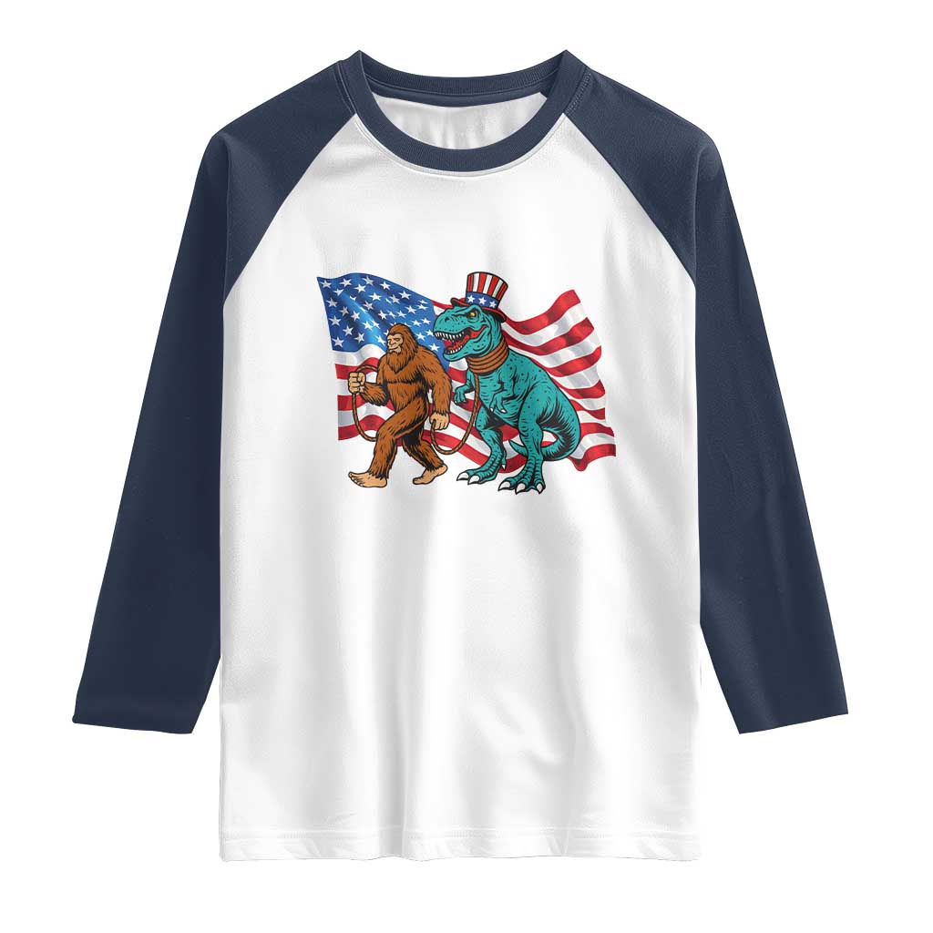 Funny Patriotic Raglan Shirt Bigfoot Walking Dinosaur With USA Flag TS12 White Navy Print Your Wear
