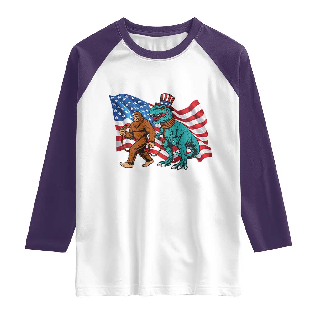 Funny Patriotic Raglan Shirt Bigfoot Walking Dinosaur With USA Flag TS12 White Purple Print Your Wear