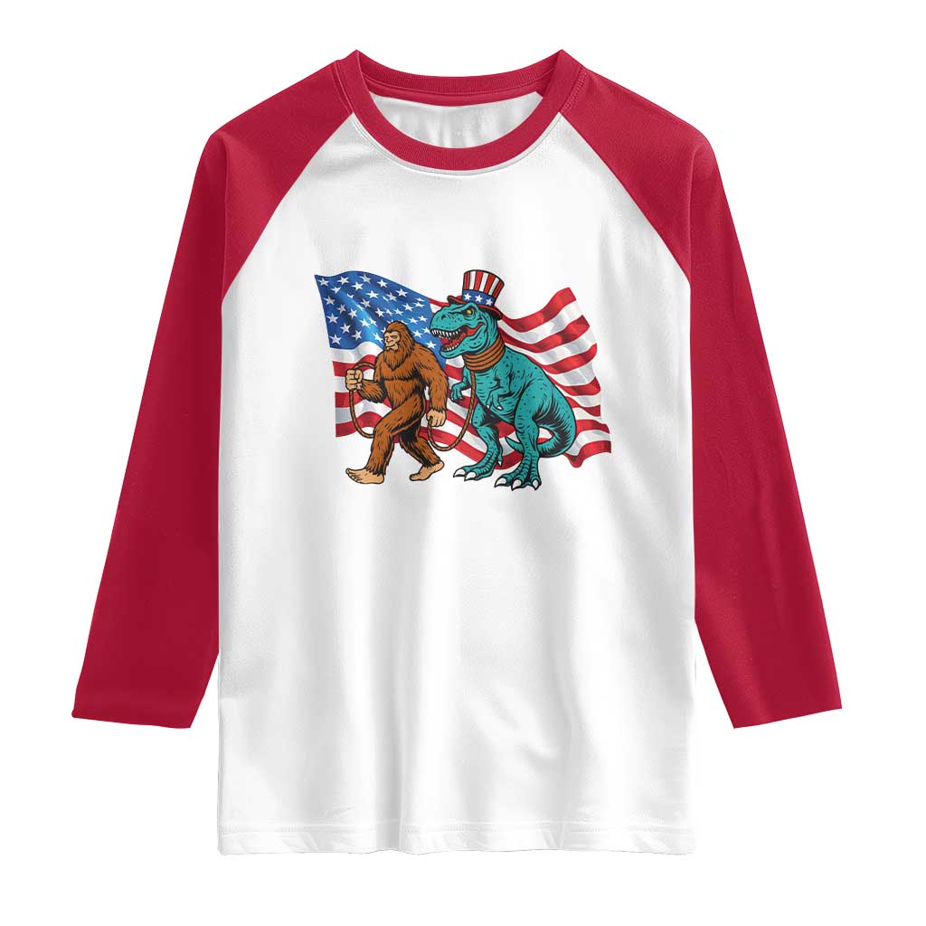 Funny Patriotic Raglan Shirt Bigfoot Walking Dinosaur With USA Flag TS12 White Red Print Your Wear