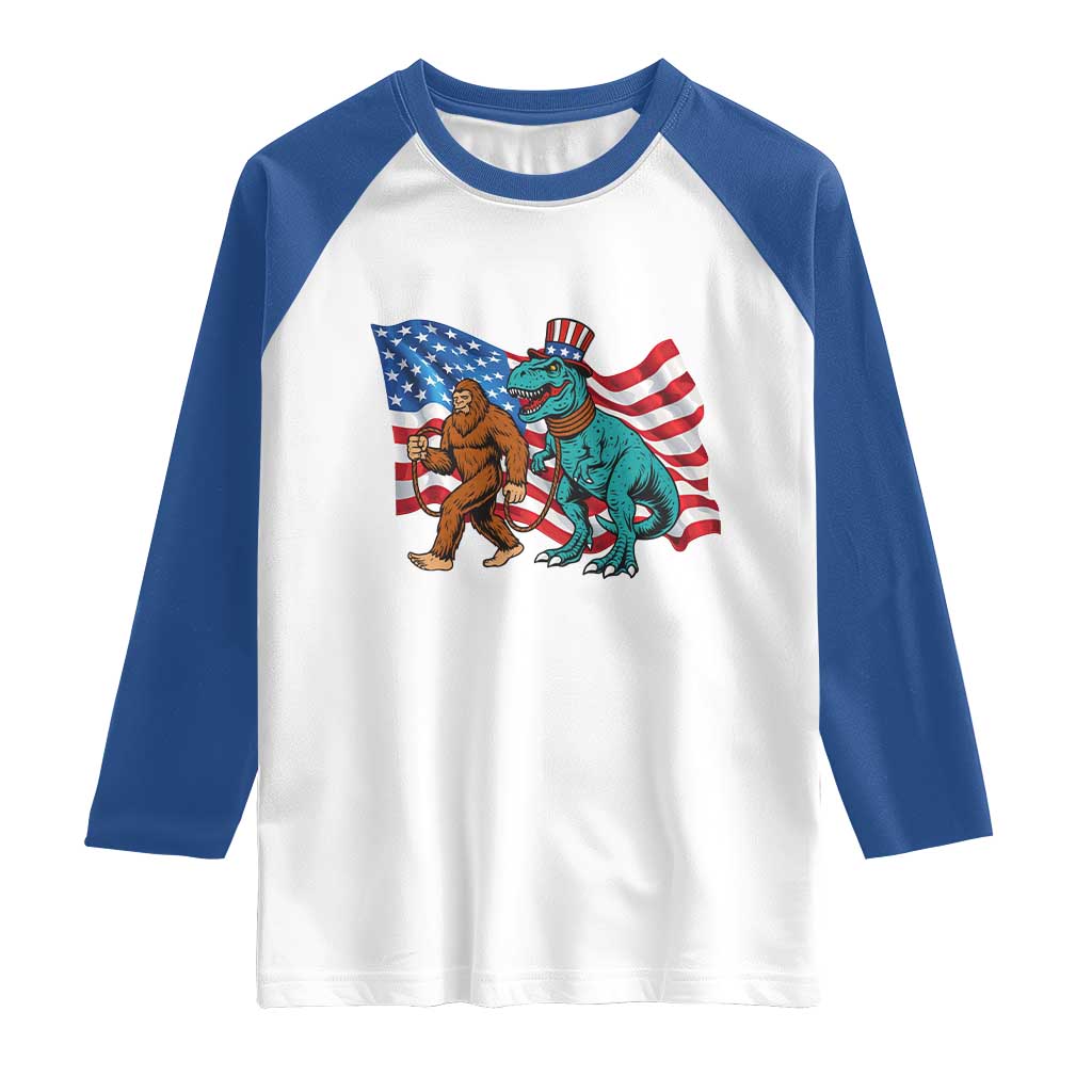 Funny Patriotic Raglan Shirt Bigfoot Walking Dinosaur With USA Flag TS12 White Royal Print Your Wear
